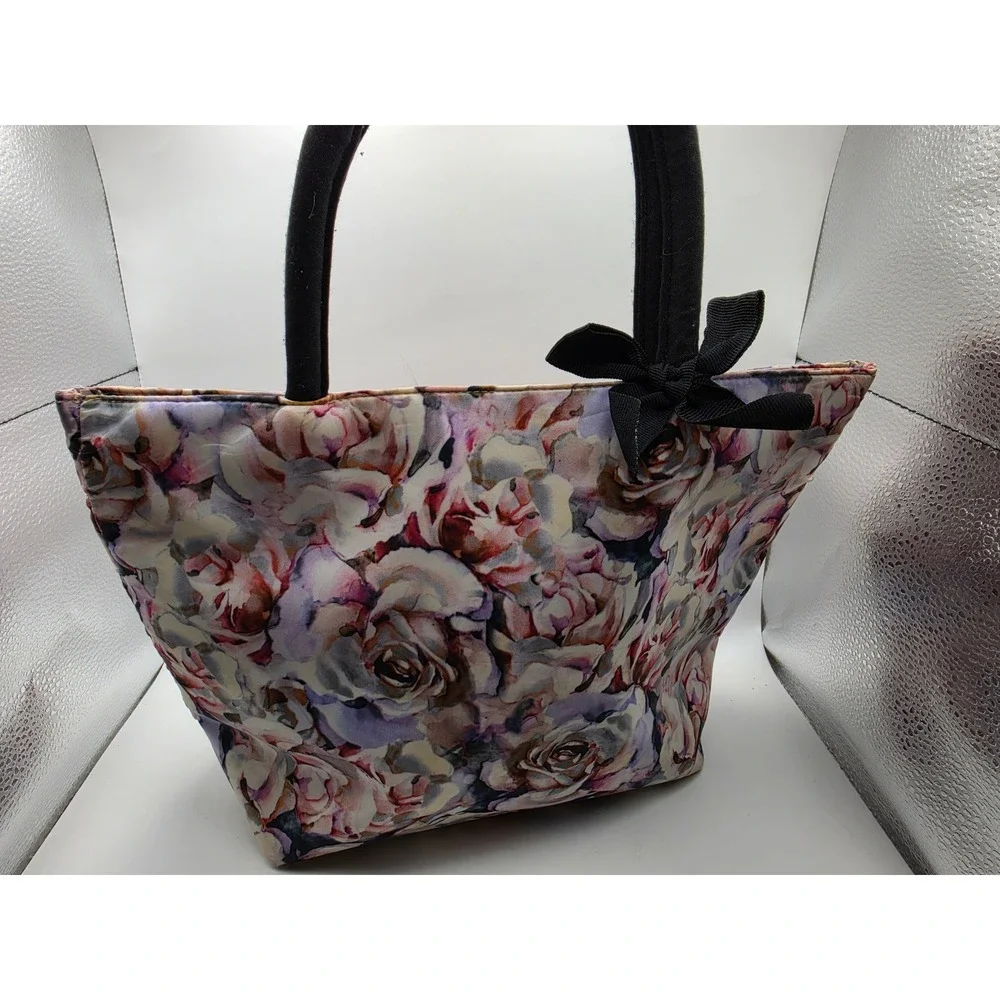 Floral Watercolor Rose Mini Tote Bag with Black Bow Detail and Padded Handles